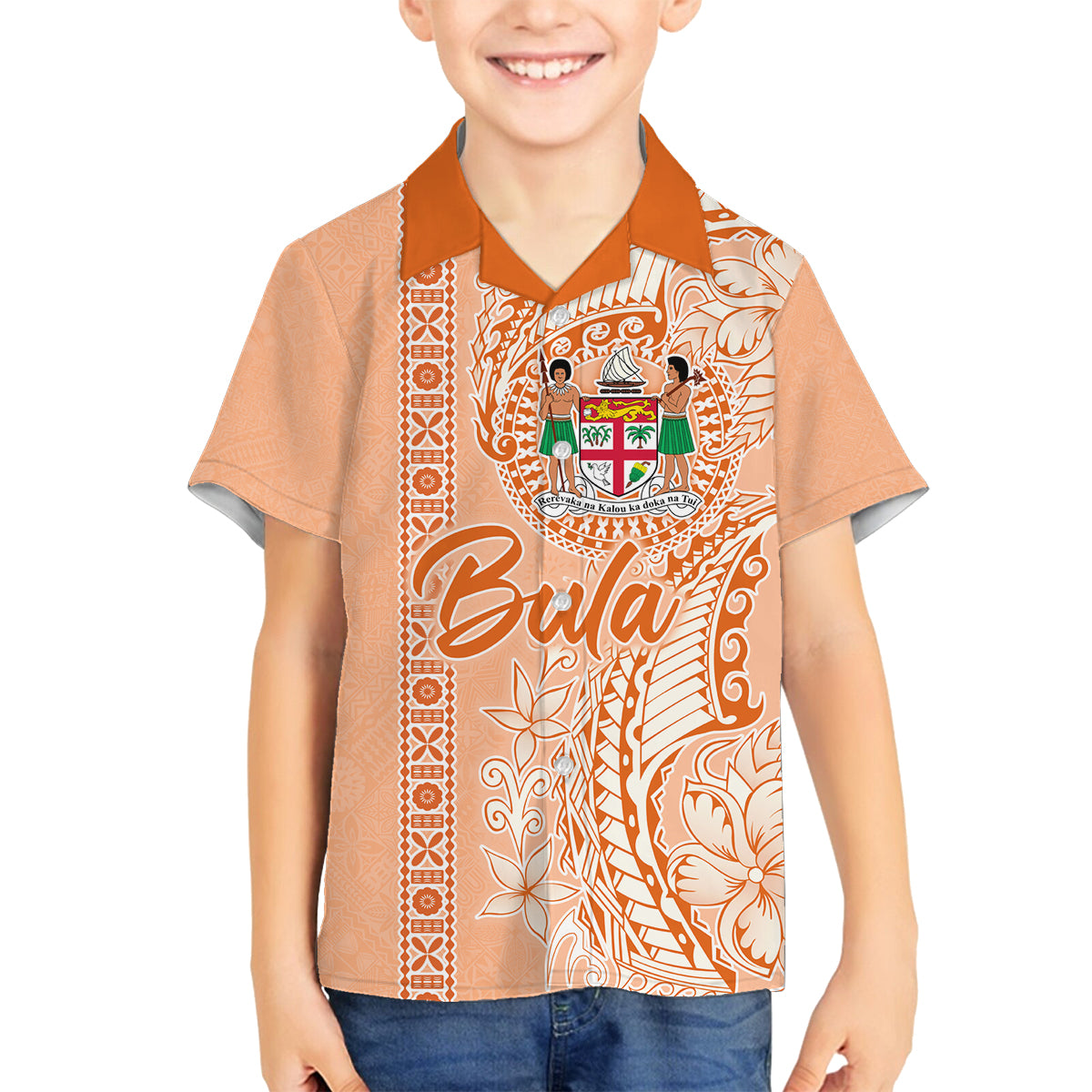 Bula Fiji Family Matching Off Shoulder Long Sleeve Dress and Hawaiian Shirt Tropical Flower and Tapa Pattern Peach Fuzz Color LT03 Son's Shirt Peach Fuzz - Polynesian Pride