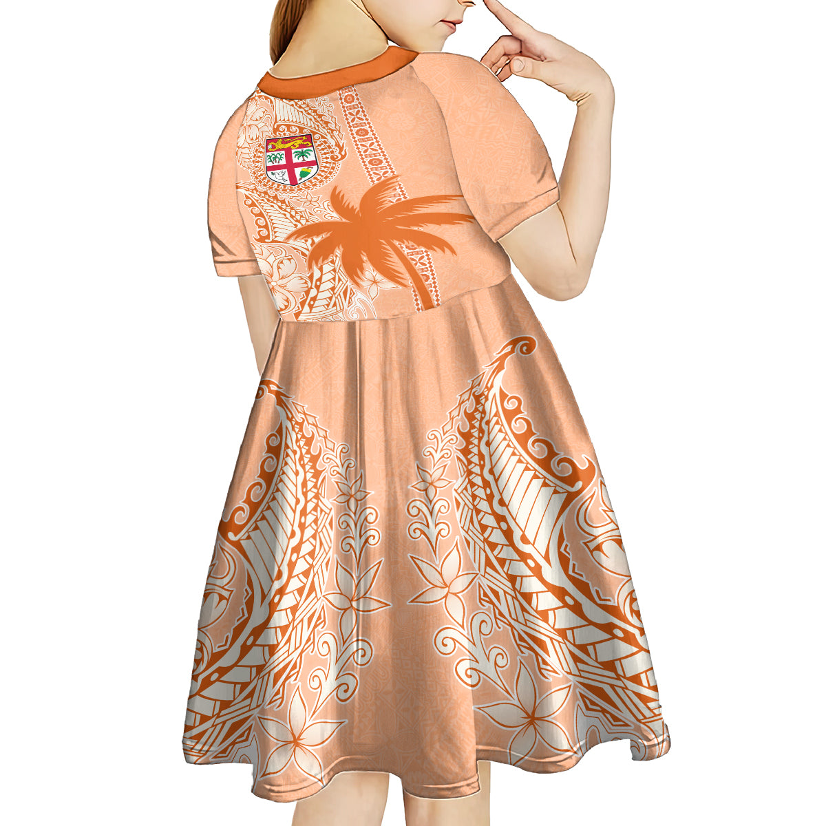 Bula Fiji Kid Short Sleeve Dress Tropical Flower and Tapa Pattern Peach Fuzz Color LT03 - Polynesian Pride