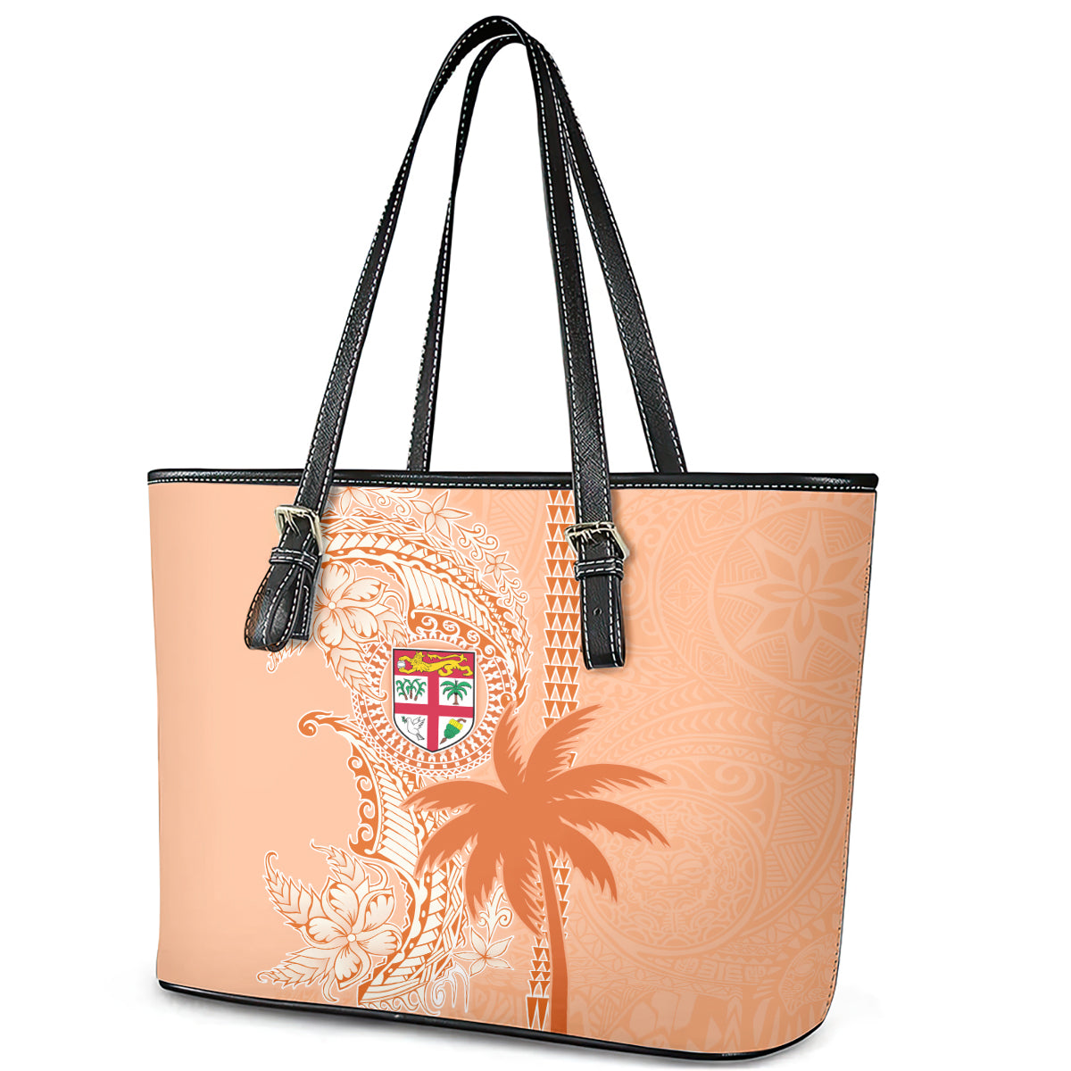 Bula Fiji Leather Tote Bag Tropical Flower and Tapa Pattern Peach Fuzz Color LT03 - Polynesian Pride