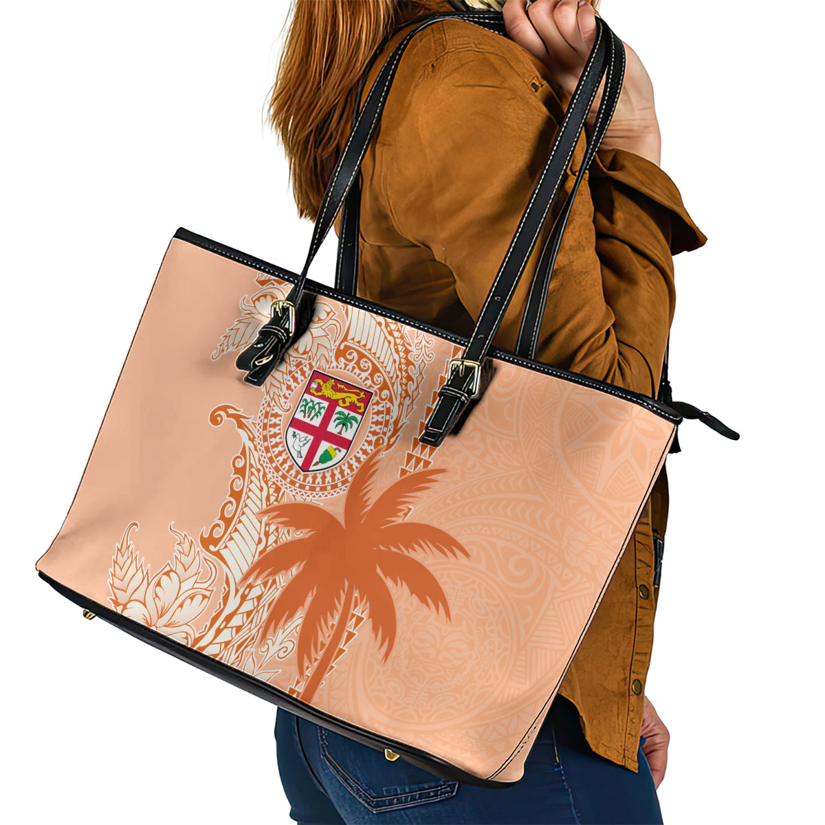 Bula Fiji Leather Tote Bag Tropical Flower and Tapa Pattern Peach Fuzz Color LT03 - Polynesian Pride