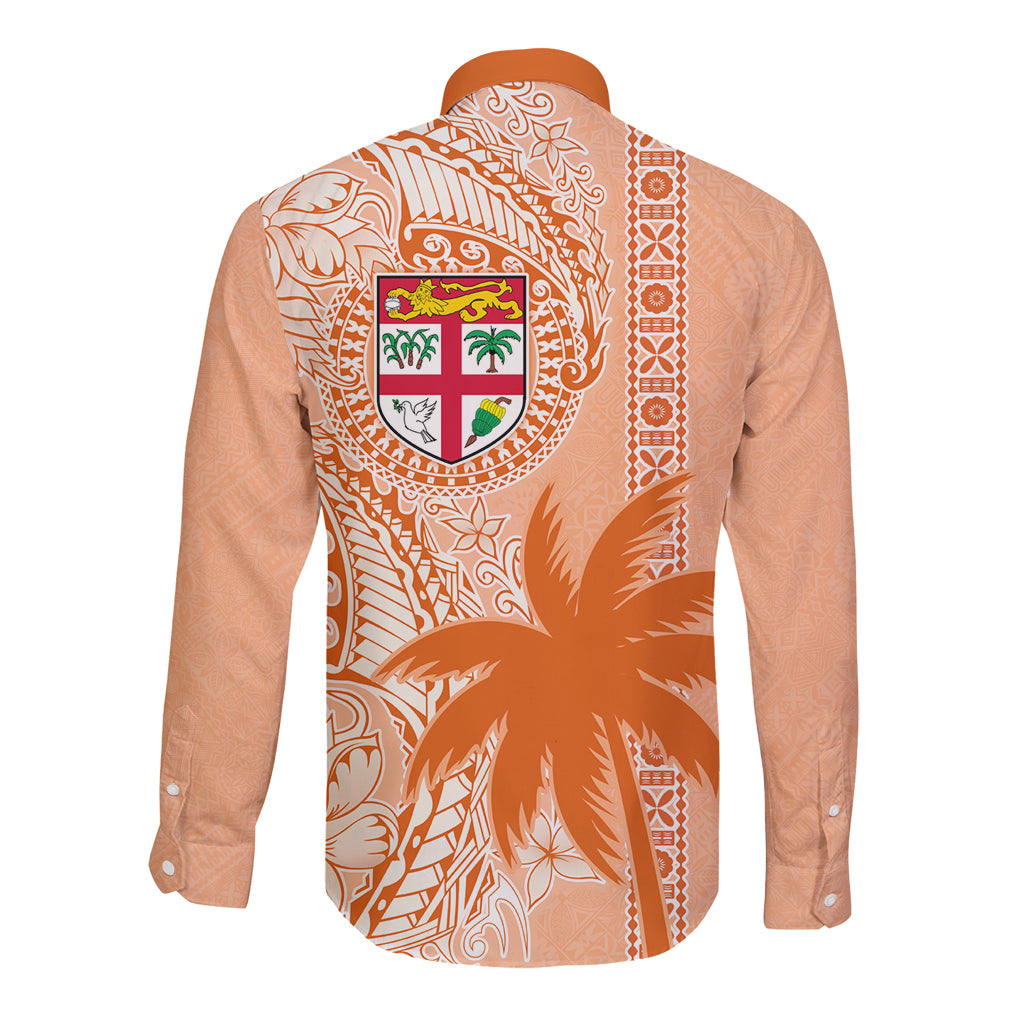 Bula Fiji Long Sleeve Button Shirt Tropical Flower and Tapa Pattern Peach Fuzz Color LT03 - Polynesian Pride