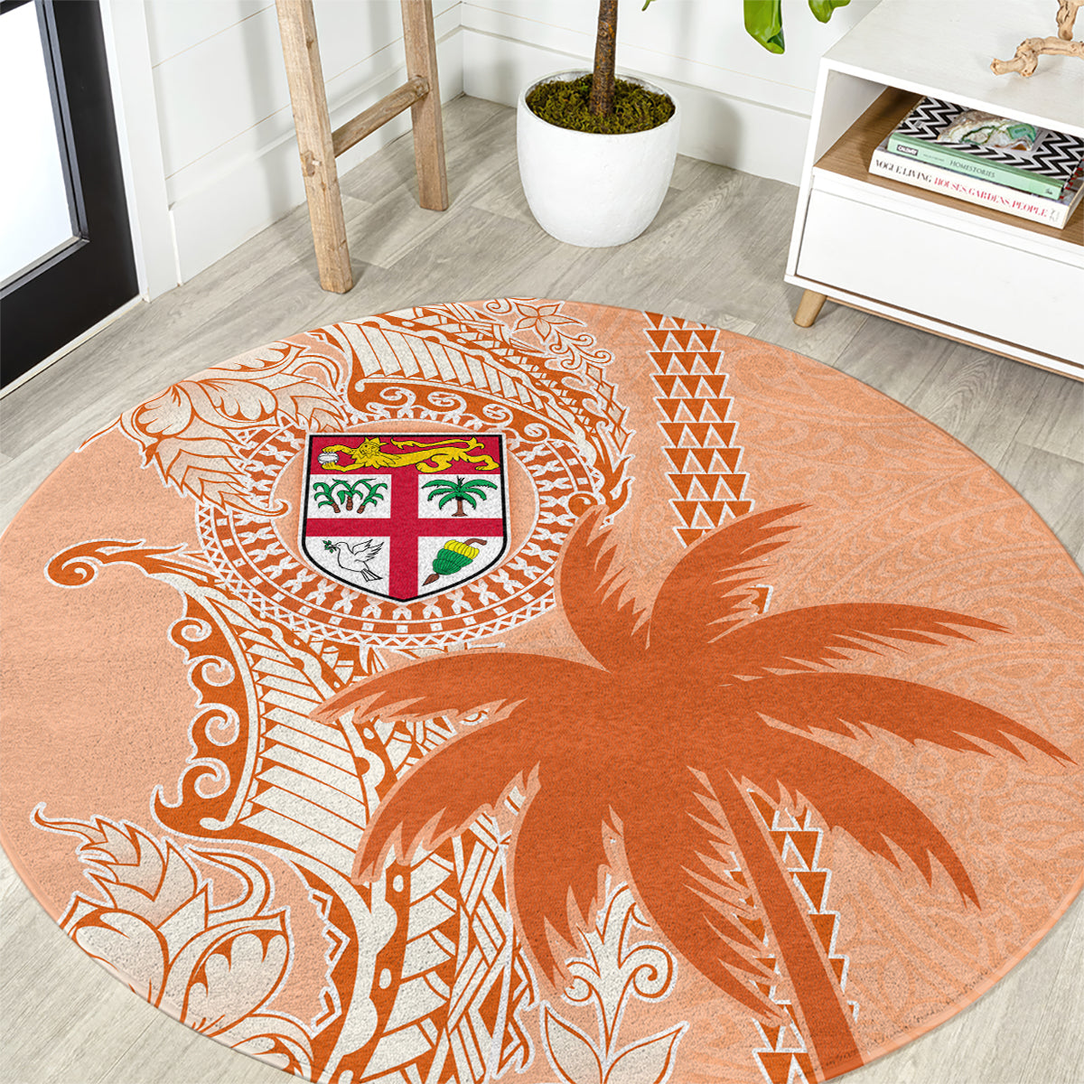 Bula Fiji Round Carpet Tropical Flower and Tapa Pattern Peach Fuzz Color LT03 Peach Fuzz - Polynesian Pride