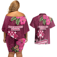 Fiji Adi Cakobau School Couples Matching Off Shoulder Short Dress and Hawaiian Shirt Tropical Flower and Tapa Pattern LT03 - Polynesian Pride