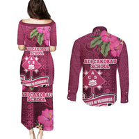 Fiji Adi Cakobau School Couples Matching Puletasi Dress and Long Sleeve Button Shirt Tropical Flower and Tapa Pattern LT03 - Polynesian Pride