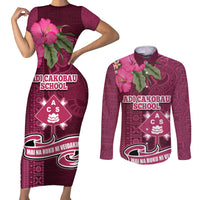 Fiji Adi Cakobau School Couples Matching Short Sleeve Bodycon Dress and Long Sleeve Button Shirt Tropical Flower and Tapa Pattern LT03 Pink - Polynesian Pride