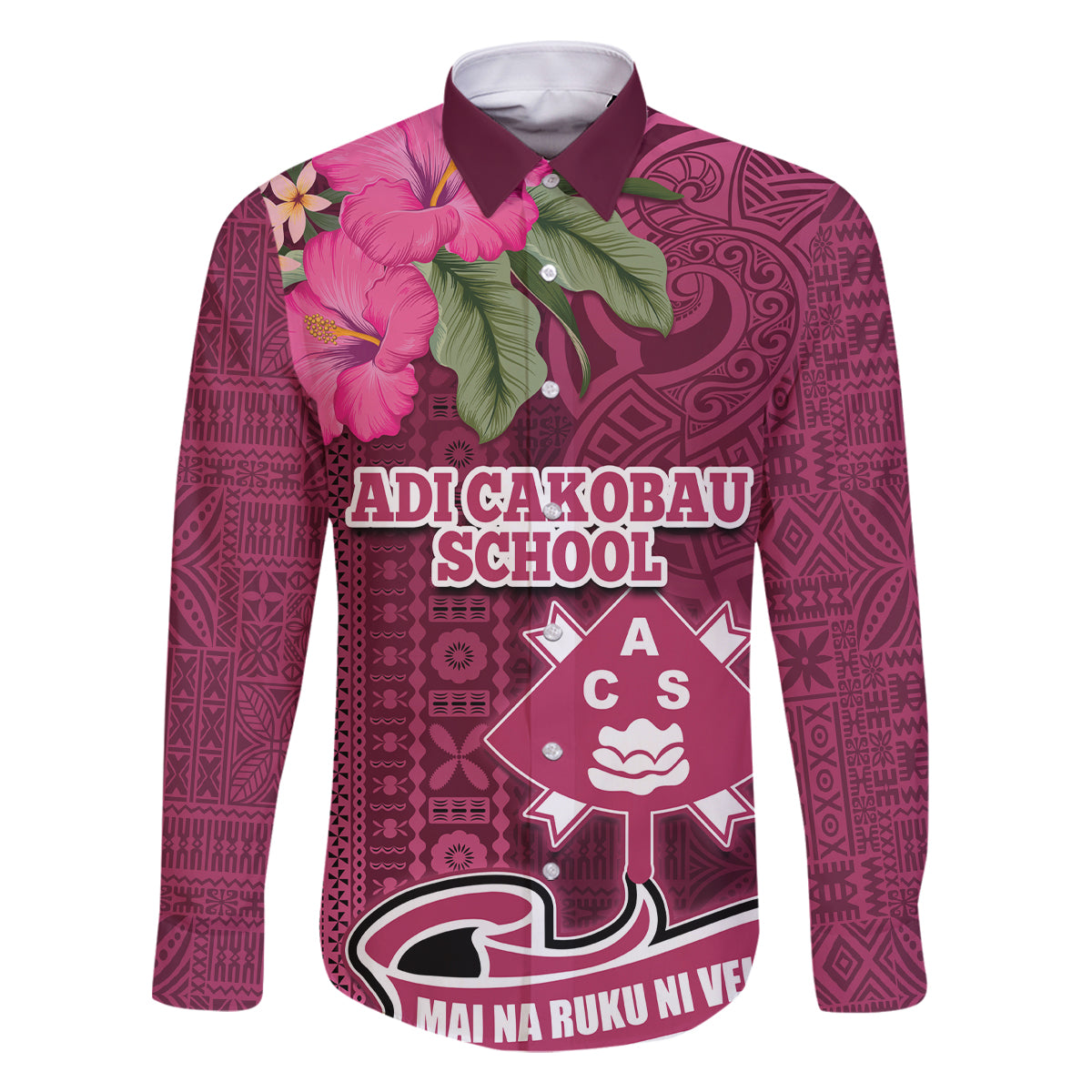 Fiji Adi Cakobau School Family Matching Long Sleeve Bodycon Dress and Hawaiian Shirt Tropical Flower and Tapa Pattern LT03 Dad's Shirt - Long Sleeve Pink - Polynesian Pride