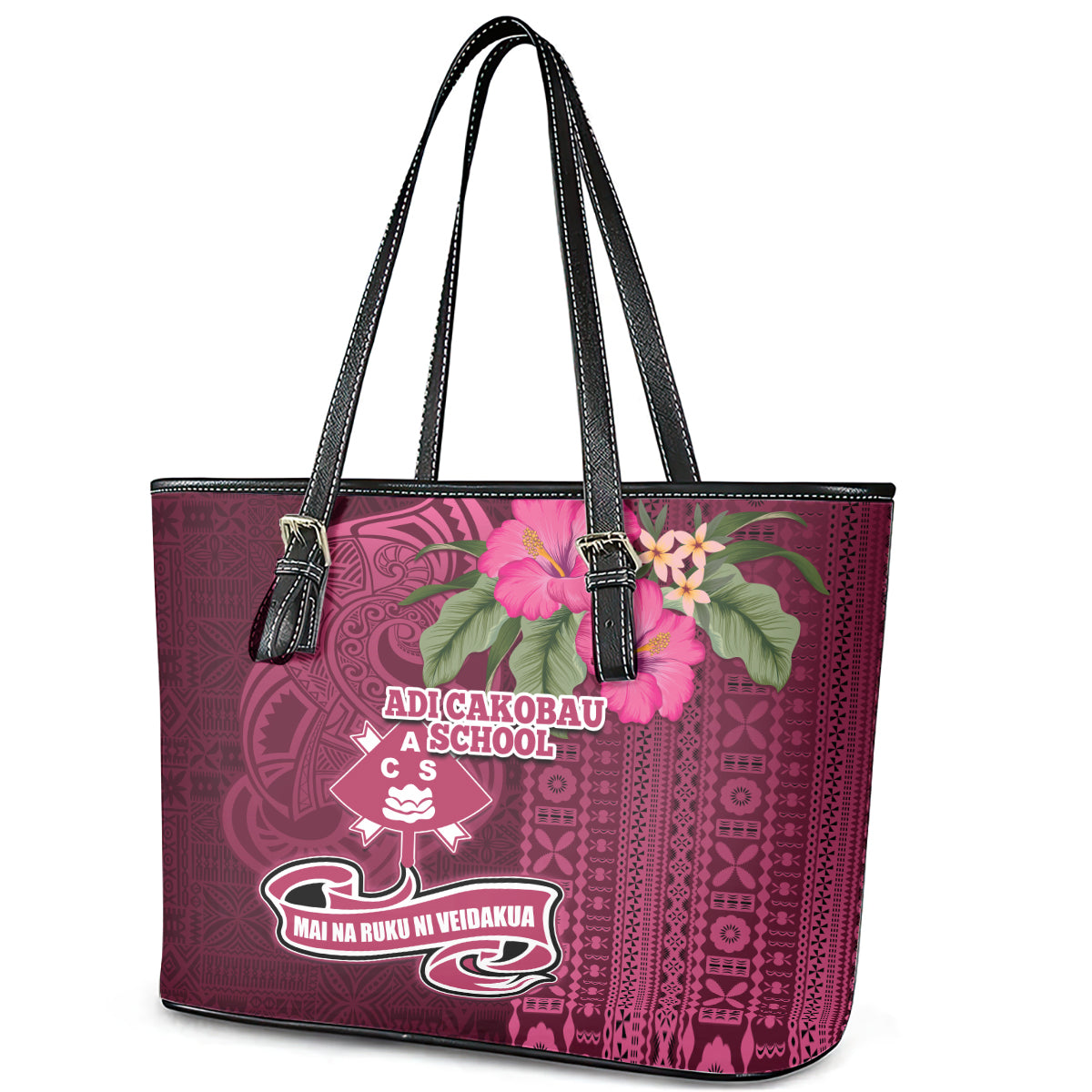 Fiji Adi Cakobau School Leather Tote Bag Tropical Flower and Tapa Pattern LT03 - Polynesian Pride