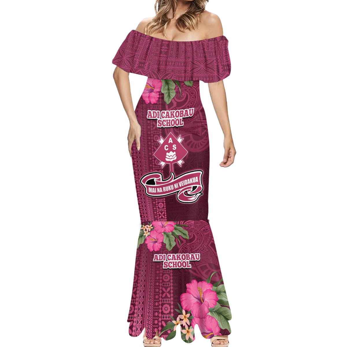 Fiji Adi Cakobau School Mermaid Dress Tropical Flower and Tapa Pattern LT03 - Polynesian Pride