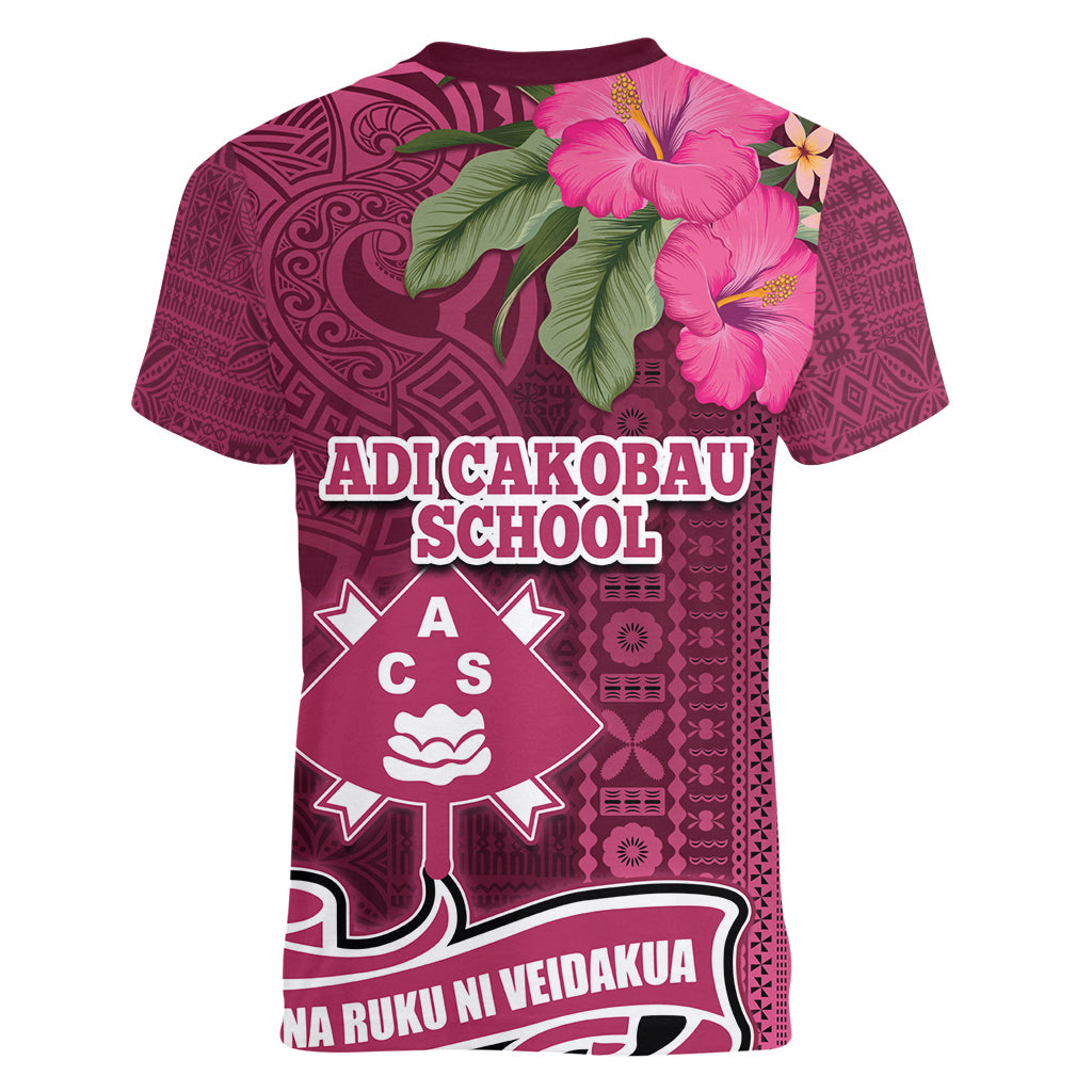 Fiji Adi Cakobau School Women V Neck T Shirt Tropical Flower and Tapa Pattern LT03 - Polynesian Pride