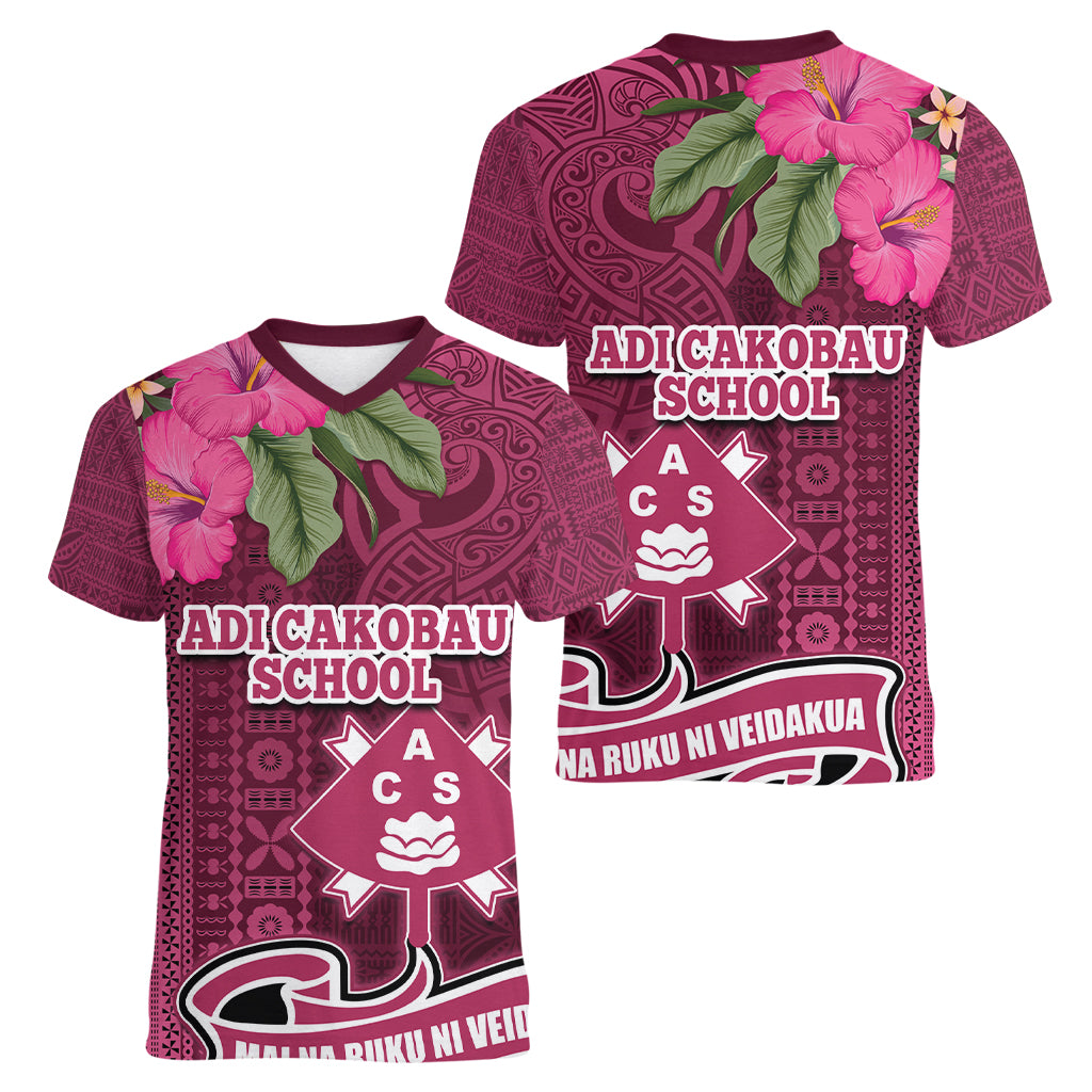Fiji Adi Cakobau School Women V Neck T Shirt Tropical Flower and Tapa Pattern LT03 - Polynesian Pride