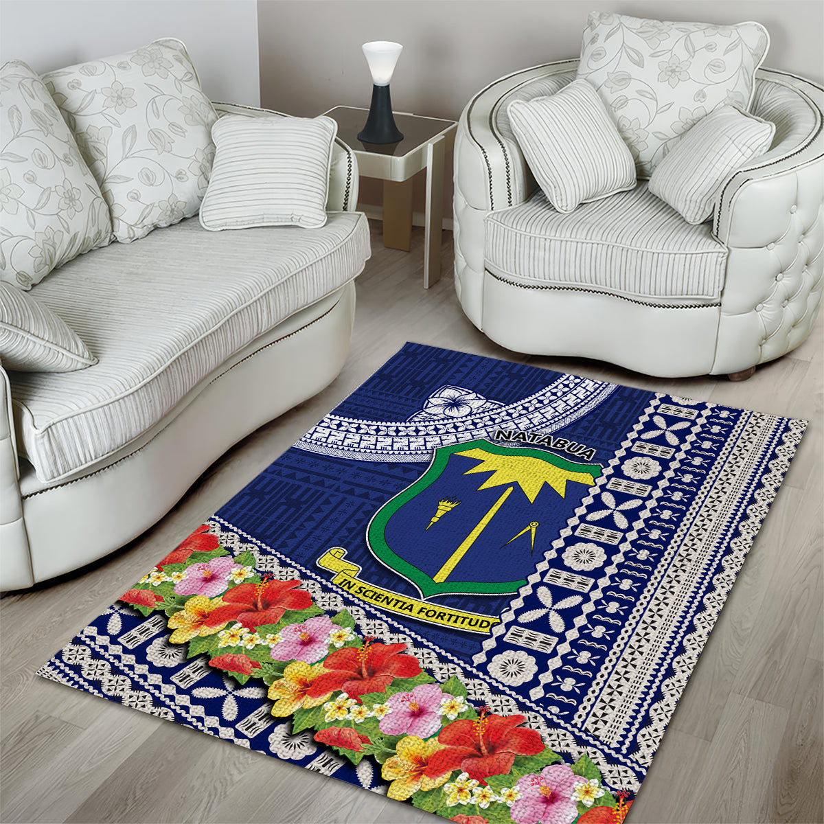 Fiji Natabua High School Area Rug Tropical Flower and Tapa Pattern Blue Style LT03 - Polynesian Pride