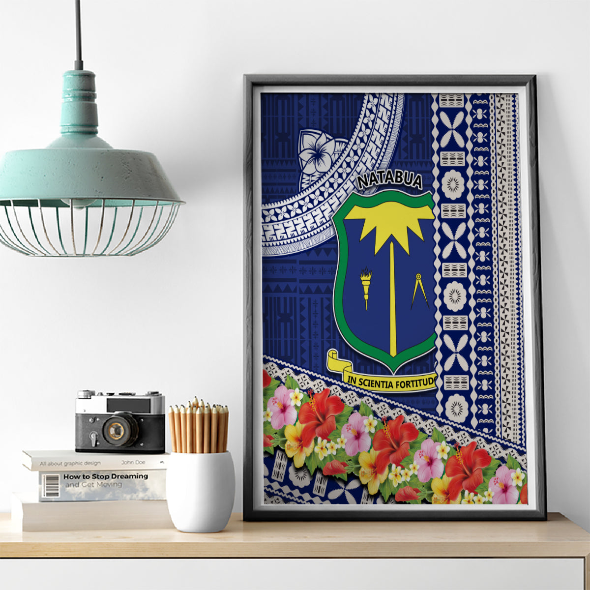 Fiji Natabua High School Canvas Wall Art Tropical Flower and Tapa Pattern Blue Style LT03 - Polynesian Pride