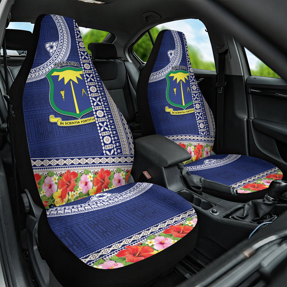 Fiji Natabua High School Car Seat Cover Tropical Flower and Tapa Pattern Blue Style LT03 One Size Blue - Polynesian Pride