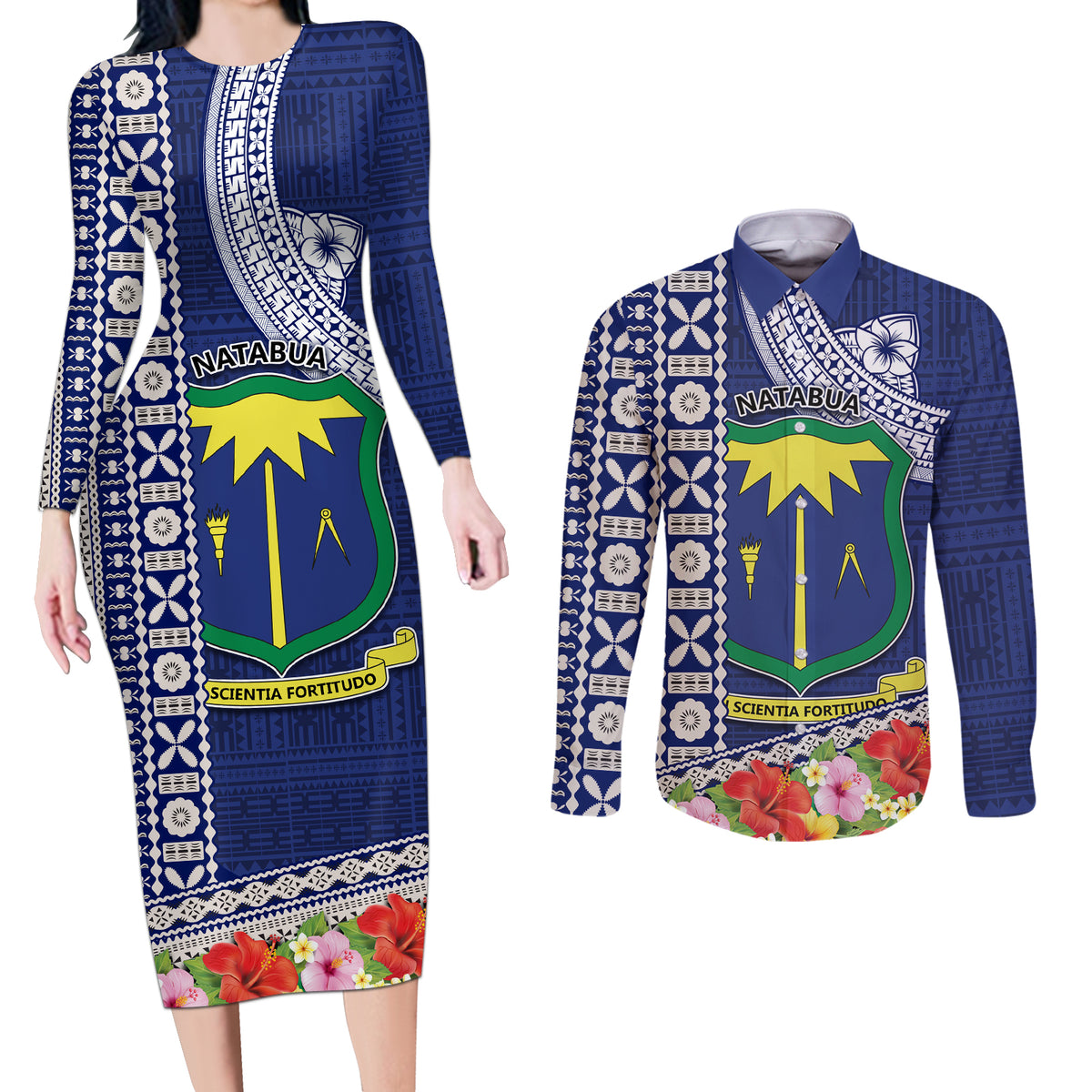 Fiji Natabua High School Couples Matching Long Sleeve Bodycon Dress and Long Sleeve Button Shirt Tropical Flower and Tapa Pattern Blue Style LT03 Blue - Polynesian Pride