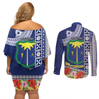 Fiji Natabua High School Couples Matching Off Shoulder Short Dress and Long Sleeve Button Shirt Tropical Flower and Tapa Pattern Blue Style LT03 - Polynesian Pride