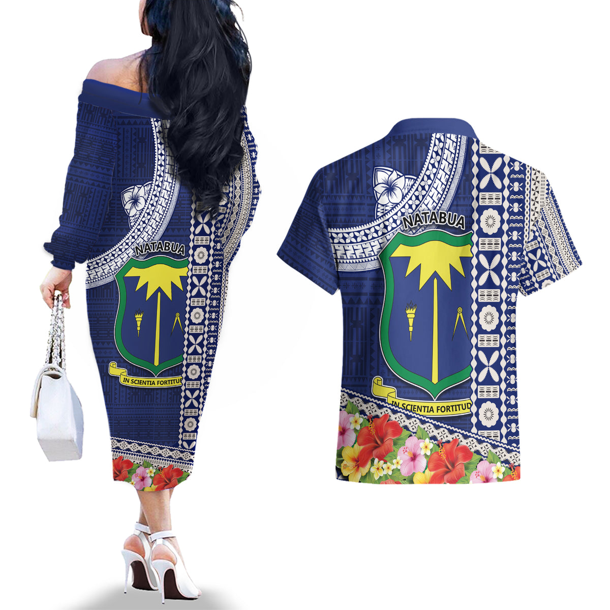 Fiji Natabua High School Couples Matching Off The Shoulder Long Sleeve Dress and Hawaiian Shirt Tropical Flower and Tapa Pattern Blue Style LT03 - Polynesian Pride