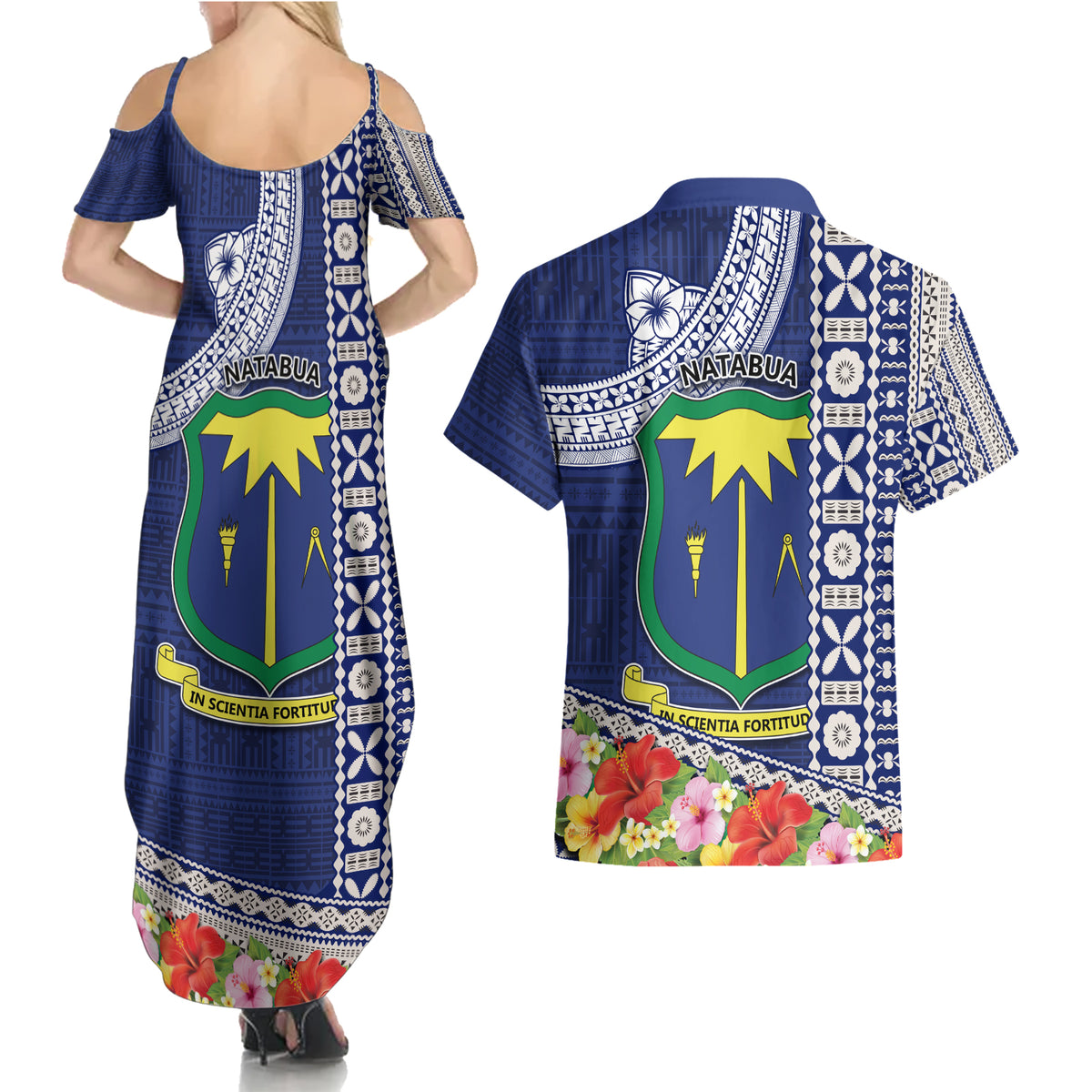 Fiji Natabua High School Couples Matching Summer Maxi Dress and Hawaiian Shirt Tropical Flower and Tapa Pattern Blue Style LT03 - Polynesian Pride