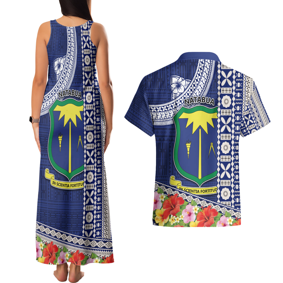 Fiji Natabua High School Couples Matching Tank Maxi Dress and Hawaiian Shirt Tropical Flower and Tapa Pattern Blue Style LT03 - Polynesian Pride