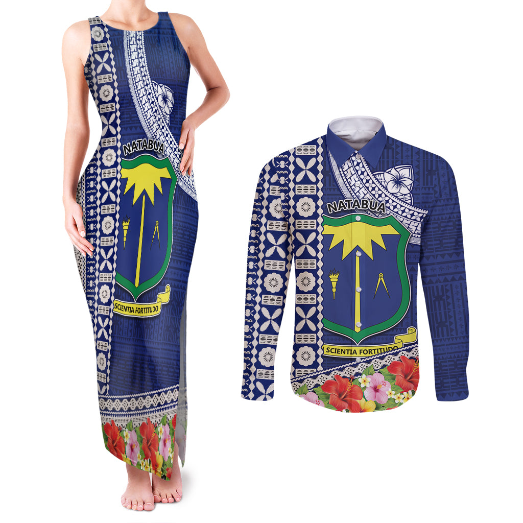 Fiji Natabua High School Couples Matching Tank Maxi Dress and Long Sleeve Button Shirt Tropical Flower and Tapa Pattern Blue Style LT03 Blue - Polynesian Pride