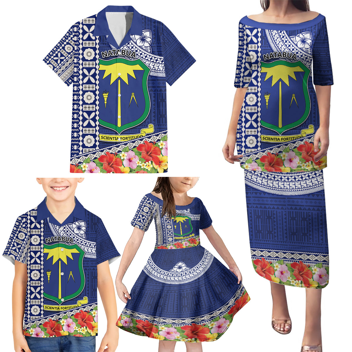 Fiji Natabua High School Family Matching Puletasi Dress and Hawaiian Shirt Tropical Flower and Tapa Pattern Blue Style LT03 - Polynesian Pride