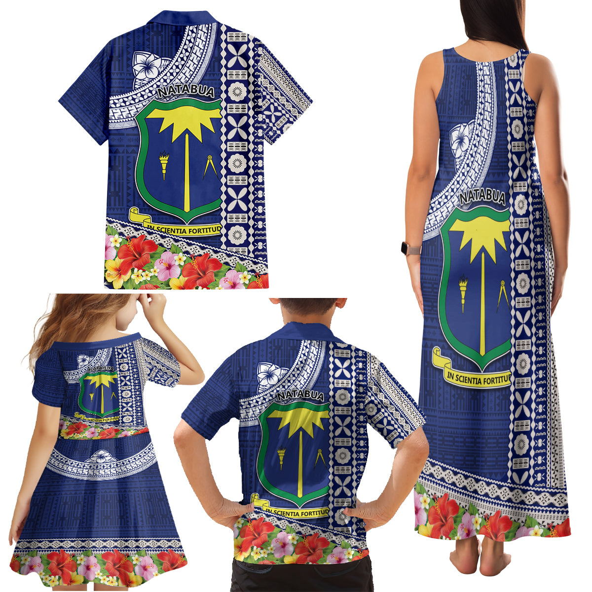 Fiji Natabua High School Family Matching Tank Maxi Dress and Hawaiian Shirt Tropical Flower and Tapa Pattern Blue Style LT03 - Polynesian Pride