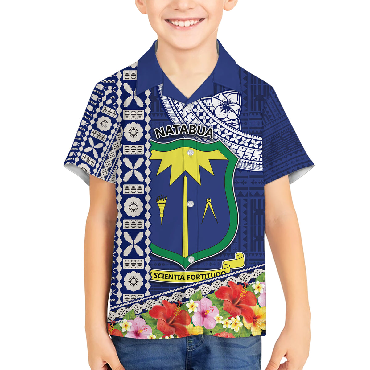Fiji Natabua High School Kid Hawaiian Shirt Tropical Flower and Tapa Pattern Blue Style LT03 Kid Blue - Polynesian Pride