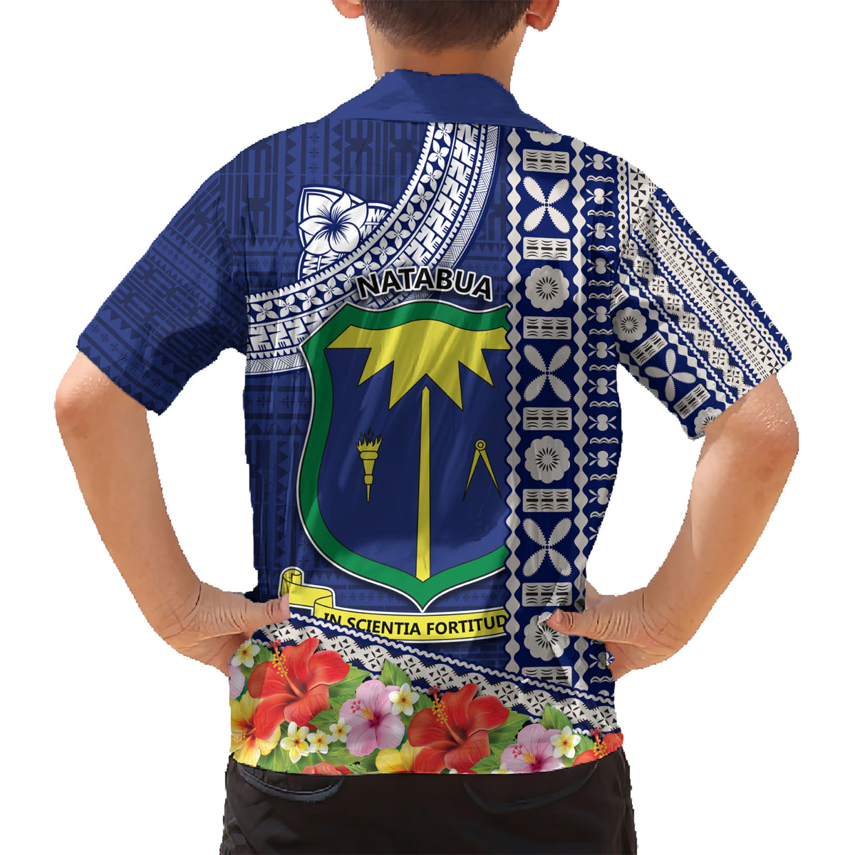 Fiji Natabua High School Kid Hawaiian Shirt Tropical Flower and Tapa Pattern Blue Style LT03 - Polynesian Pride