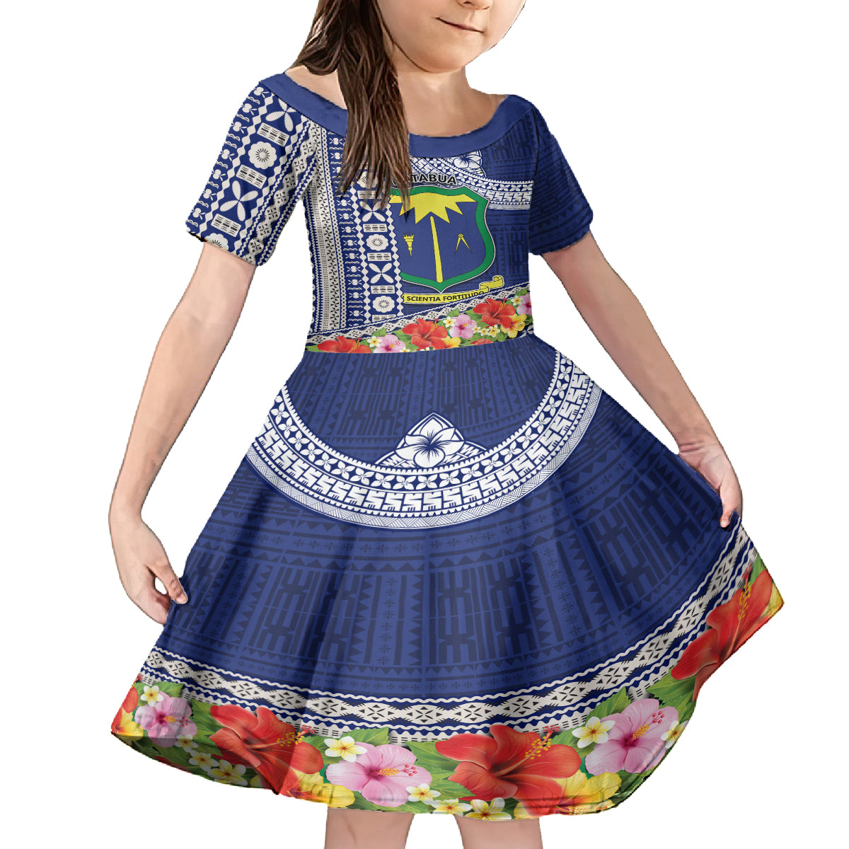 Fiji Natabua High School Kid Short Sleeve Dress Tropical Flower and Tapa Pattern Blue Style LT03 KID Blue - Polynesian Pride
