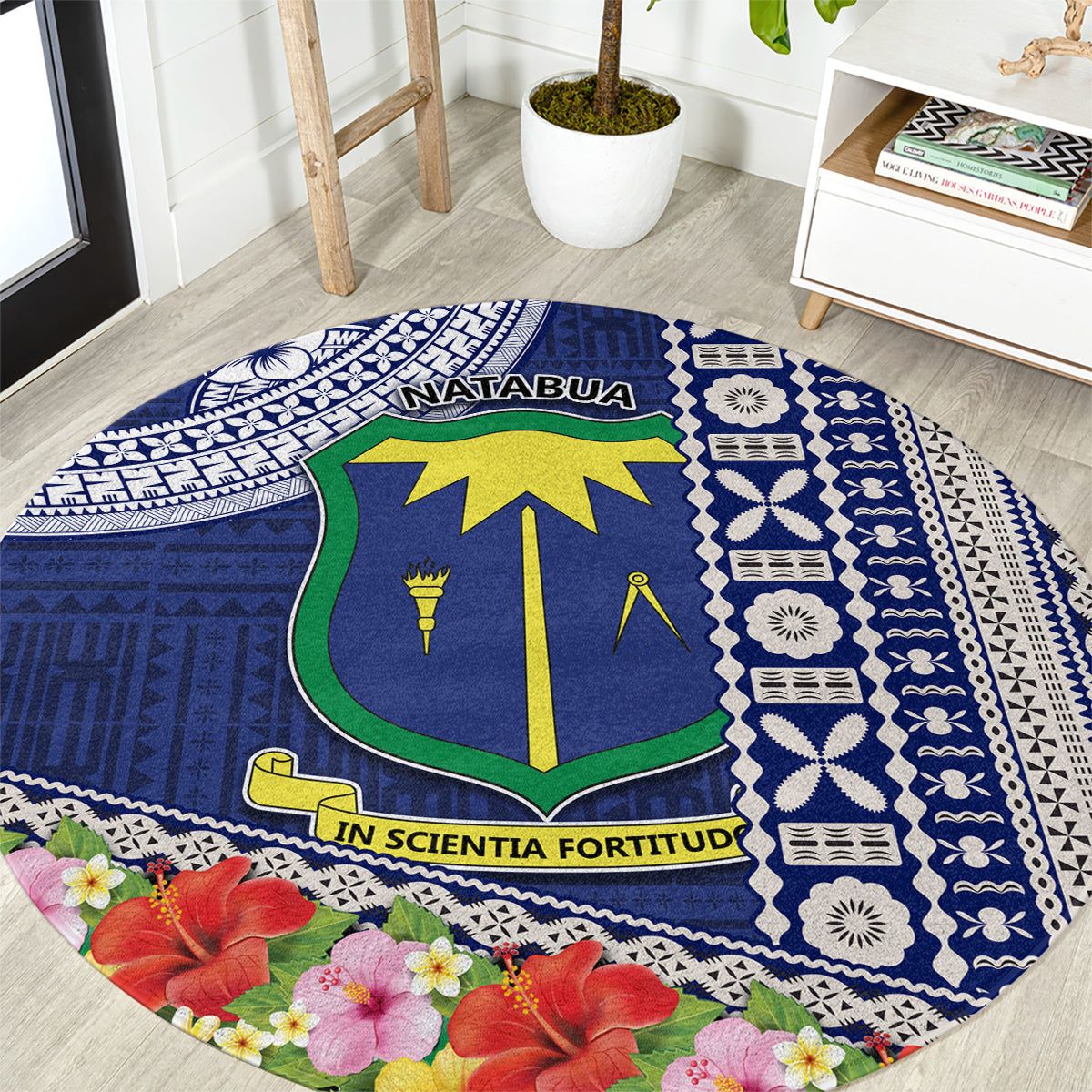 Fiji Natabua High School Round Carpet Tropical Flower and Tapa Pattern Blue Style LT03 Blue - Polynesian Pride