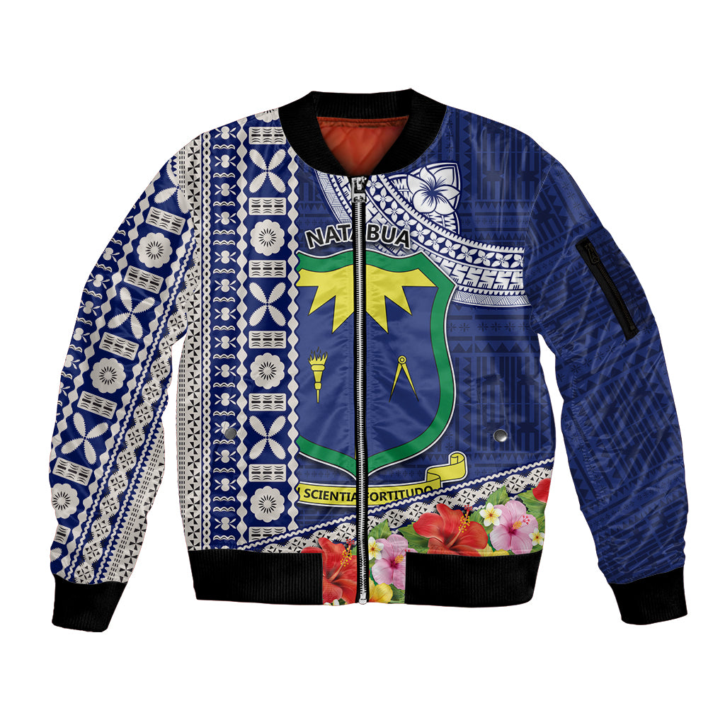 Fiji Natabua High School Sleeve Zip Bomber Jacket Tropical Flower and Tapa Pattern Blue Style LT03 Unisex Blue - Polynesian Pride