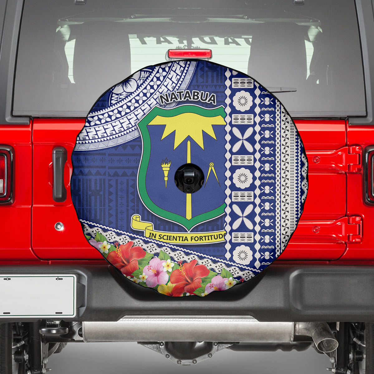 Fiji Natabua High School Spare Tire Cover Tropical Flower and Tapa Pattern Blue Style LT03 - Polynesian Pride