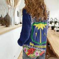 Fiji Natabua High School Women Casual Shirt Tropical Flower and Tapa Pattern Blue Style LT03 - Polynesian Pride