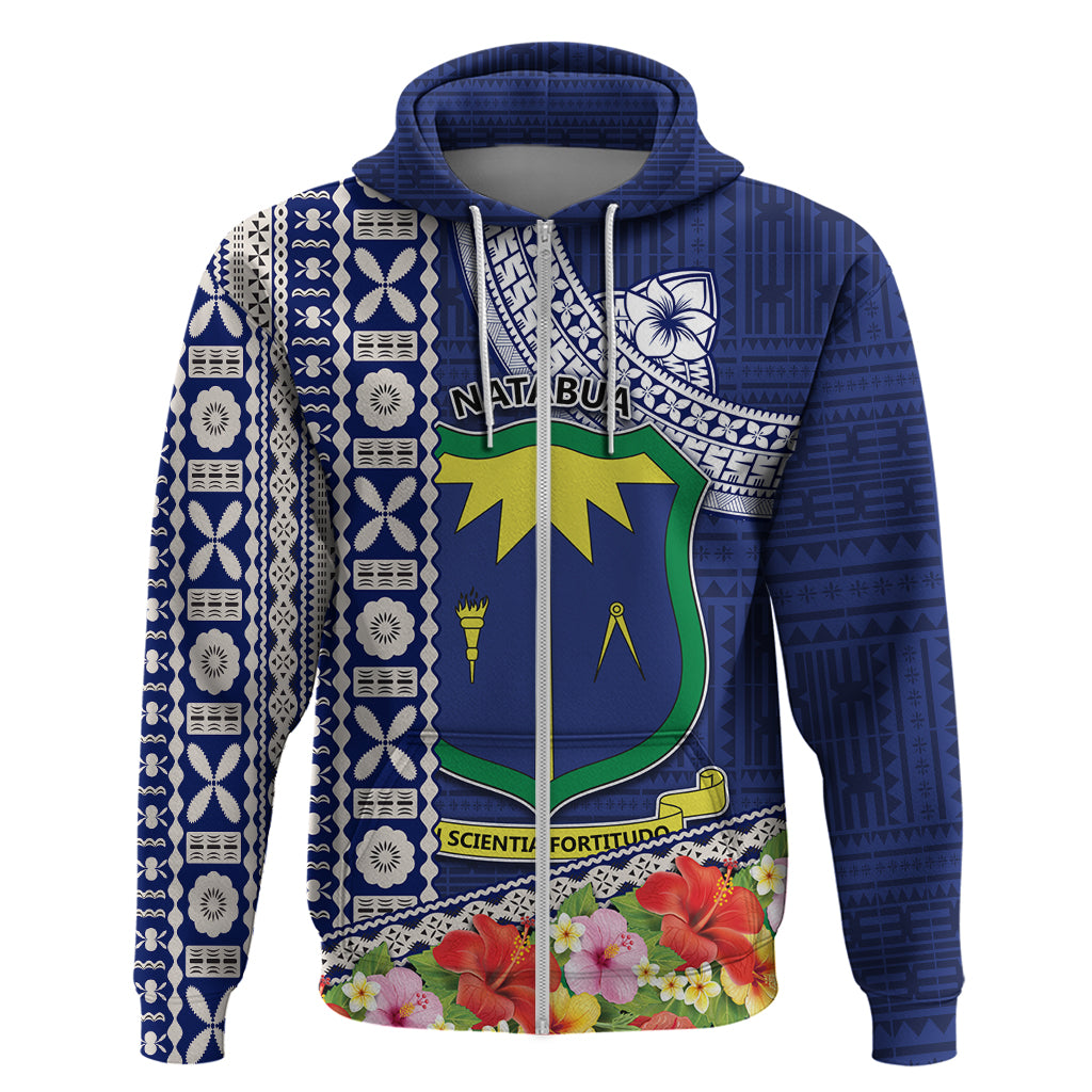Fiji Natabua High School Zip Hoodie Tropical Flower and Tapa Pattern Blue Style LT03 Zip Hoodie Blue - Polynesian Pride