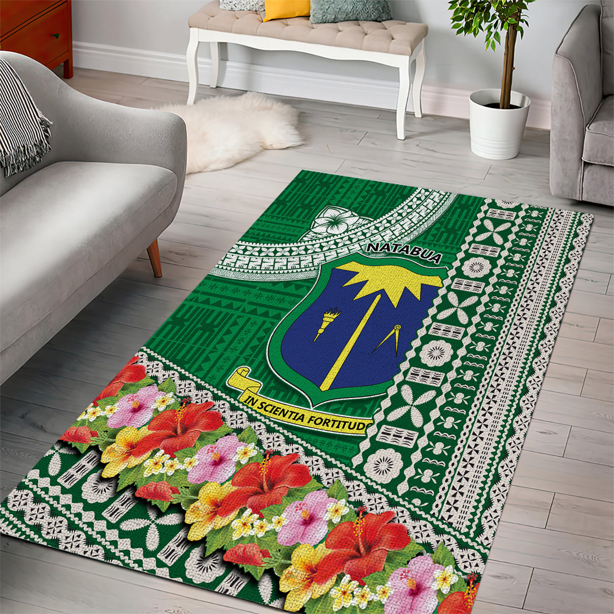 Fiji Natabua High School Area Rug Tropical Flower and Tapa Pattern Green Style LT03 - Polynesian Pride