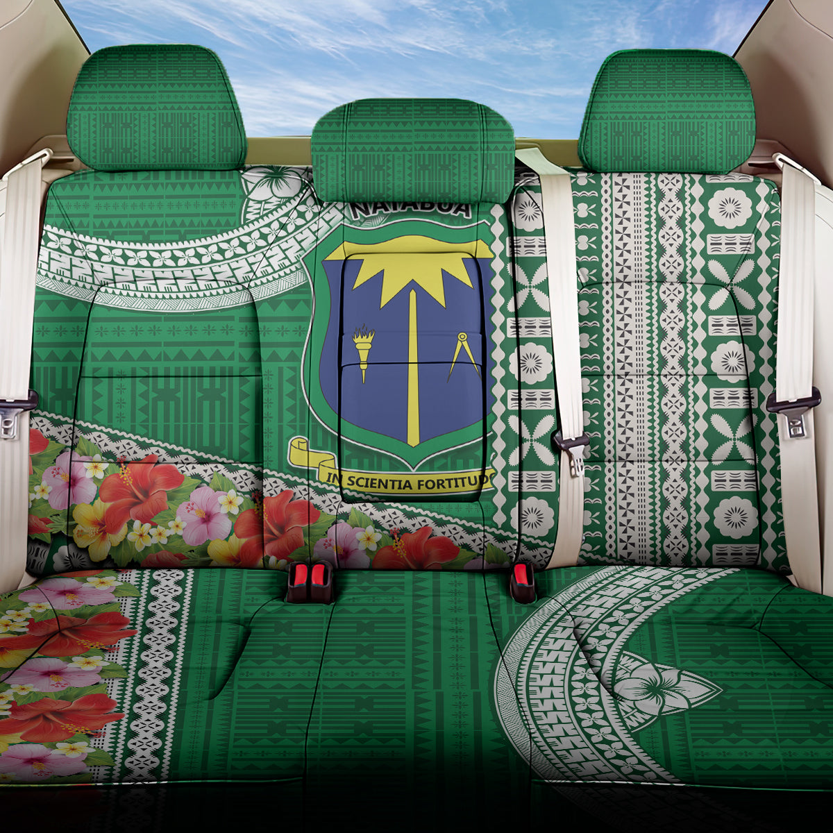 Fiji Natabua High School Back Car Seat Cover Tropical Flower and Tapa Pattern Green Style LT03