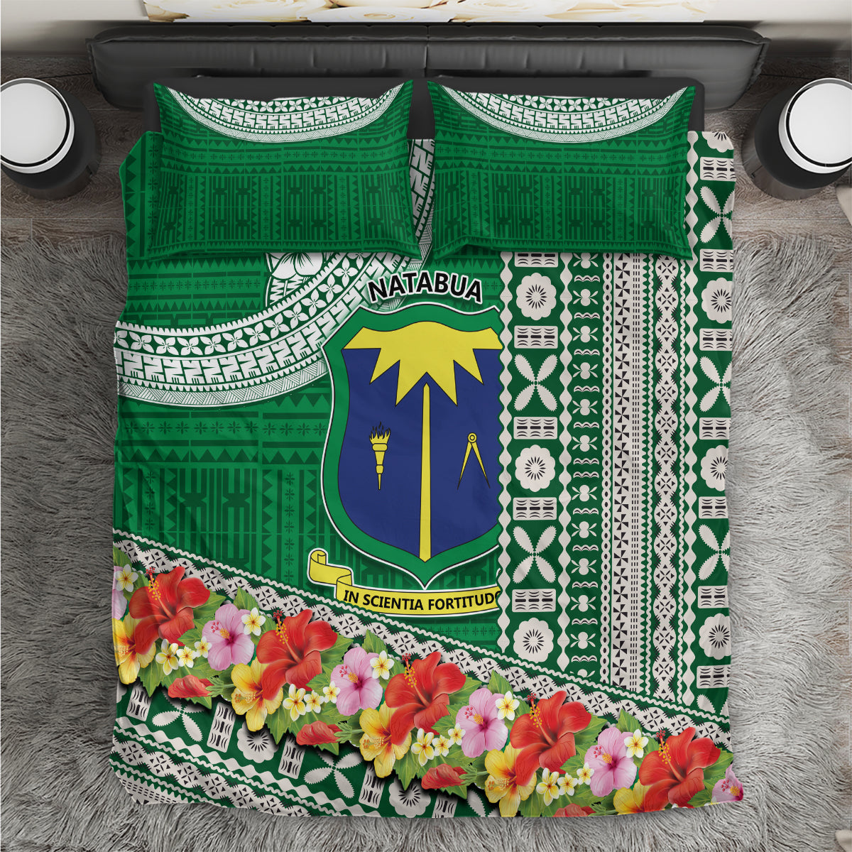 Fiji Natabua High School Bedding Set Tropical Flower and Tapa Pattern Green Style LT03 Green - Polynesian Pride