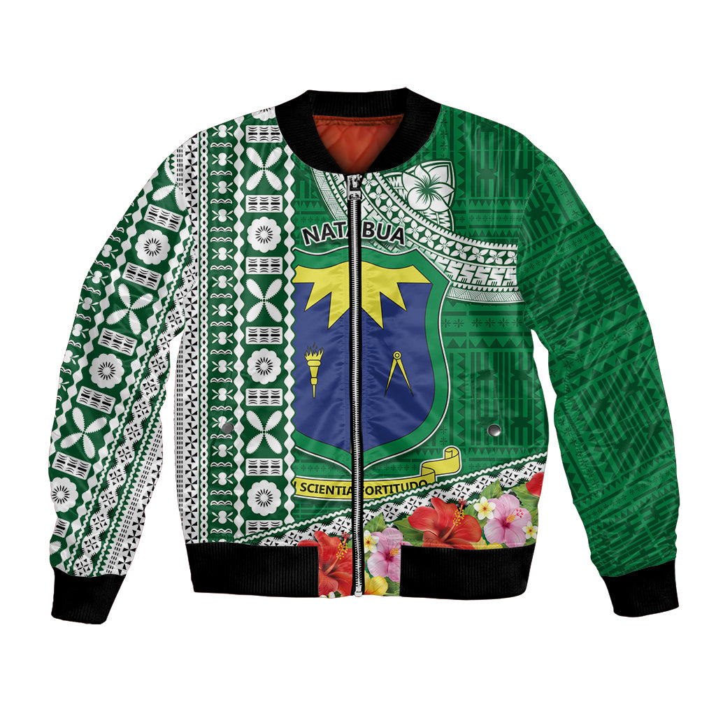 Fiji Natabua High School Bomber Jacket Tropical Flower and Tapa Pattern Green Style LT03 Unisex Green - Polynesian Pride
