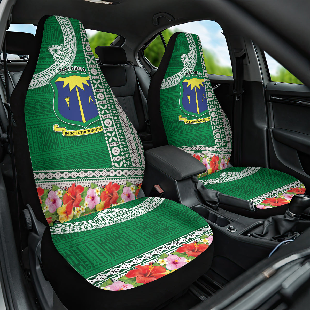 Fiji Natabua High School Car Seat Cover Tropical Flower and Tapa Pattern Green Style LT03 One Size Green - Polynesian Pride