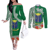Fiji Natabua High School Couples Matching Off The Shoulder Long Sleeve Dress and Long Sleeve Button Shirt Tropical Flower and Tapa Pattern Green Style LT03 Green - Polynesian Pride