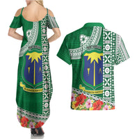 Fiji Natabua High School Couples Matching Summer Maxi Dress and Hawaiian Shirt Tropical Flower and Tapa Pattern Green Style LT03 - Polynesian Pride