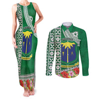 Fiji Natabua High School Couples Matching Tank Maxi Dress and Long Sleeve Button Shirt Tropical Flower and Tapa Pattern Green Style LT03 Green - Polynesian Pride