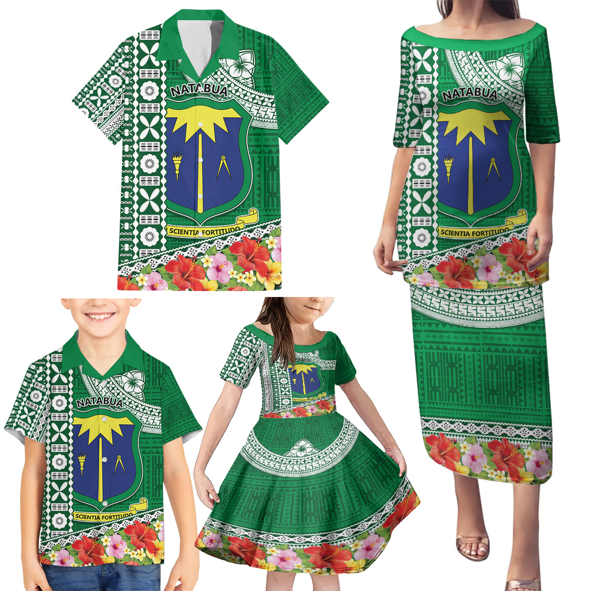 Fiji Natabua High School Family Matching Puletasi Dress and Hawaiian Shirt Tropical Flower and Tapa Pattern Green Style LT03 - Polynesian Pride