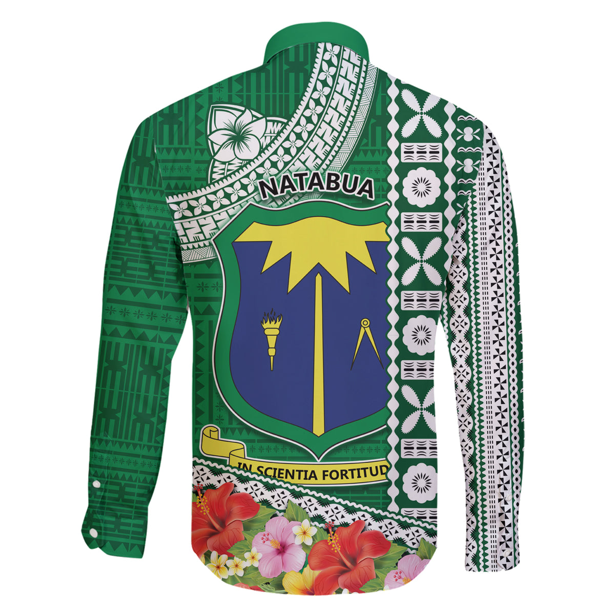 Fiji Natabua High School Family Matching Short Sleeve Bodycon Dress and Hawaiian Shirt Tropical Flower and Tapa Pattern Green Style LT03 - Polynesian Pride