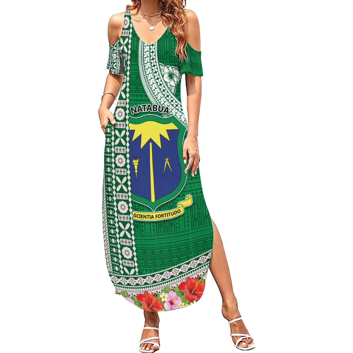 Fiji Natabua High School Family Matching Summer Maxi Dress and Hawaiian Shirt Tropical Flower and Tapa Pattern Green Style LT03 Mom's Dress Green - Polynesian Pride