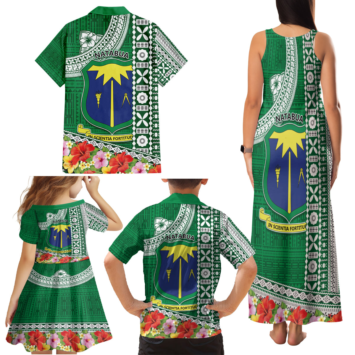 Fiji Natabua High School Family Matching Tank Maxi Dress and Hawaiian Shirt Tropical Flower and Tapa Pattern Green Style LT03 - Polynesian Pride