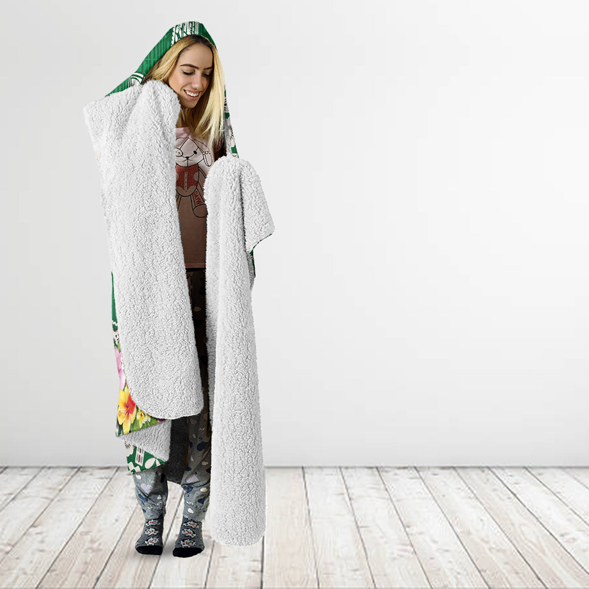 Fiji Natabua High School Hooded Blanket Tropical Flower and Tapa Pattern Green Style LT03 - Polynesian Pride