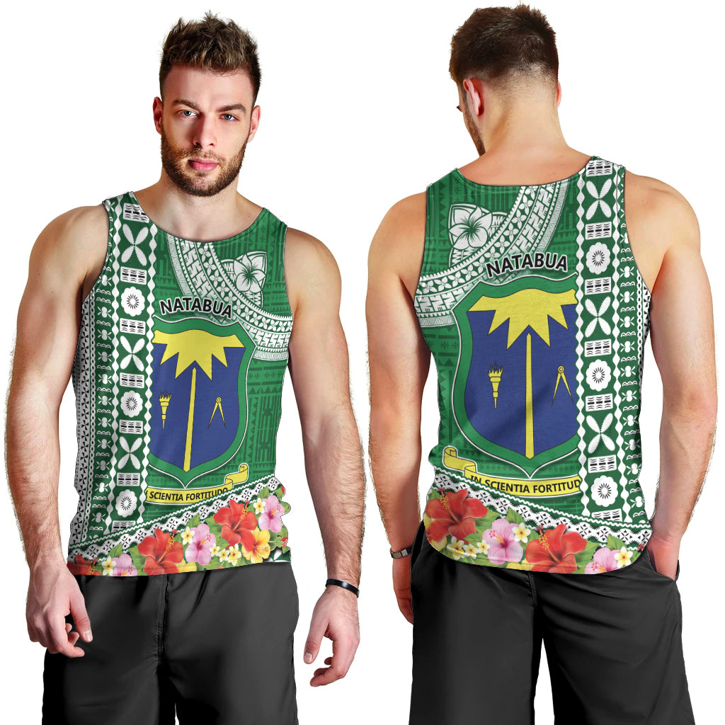 Fiji Natabua High School Men Tank Top Tropical Flower and Tapa Pattern Green Style LT03 - Polynesian Pride