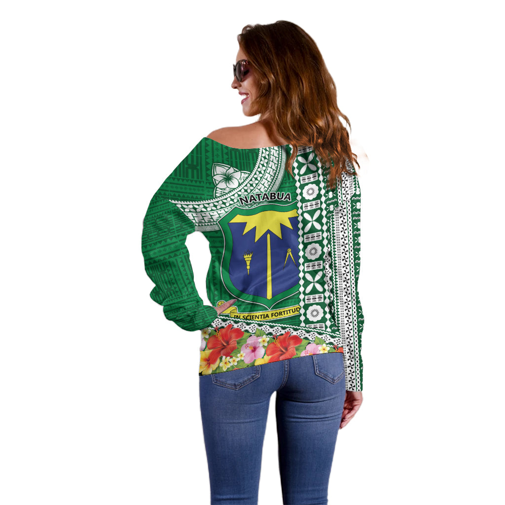 Fiji Natabua High School Off Shoulder Sweater Tropical Flower and Tapa Pattern Green Style LT03 - Polynesian Pride