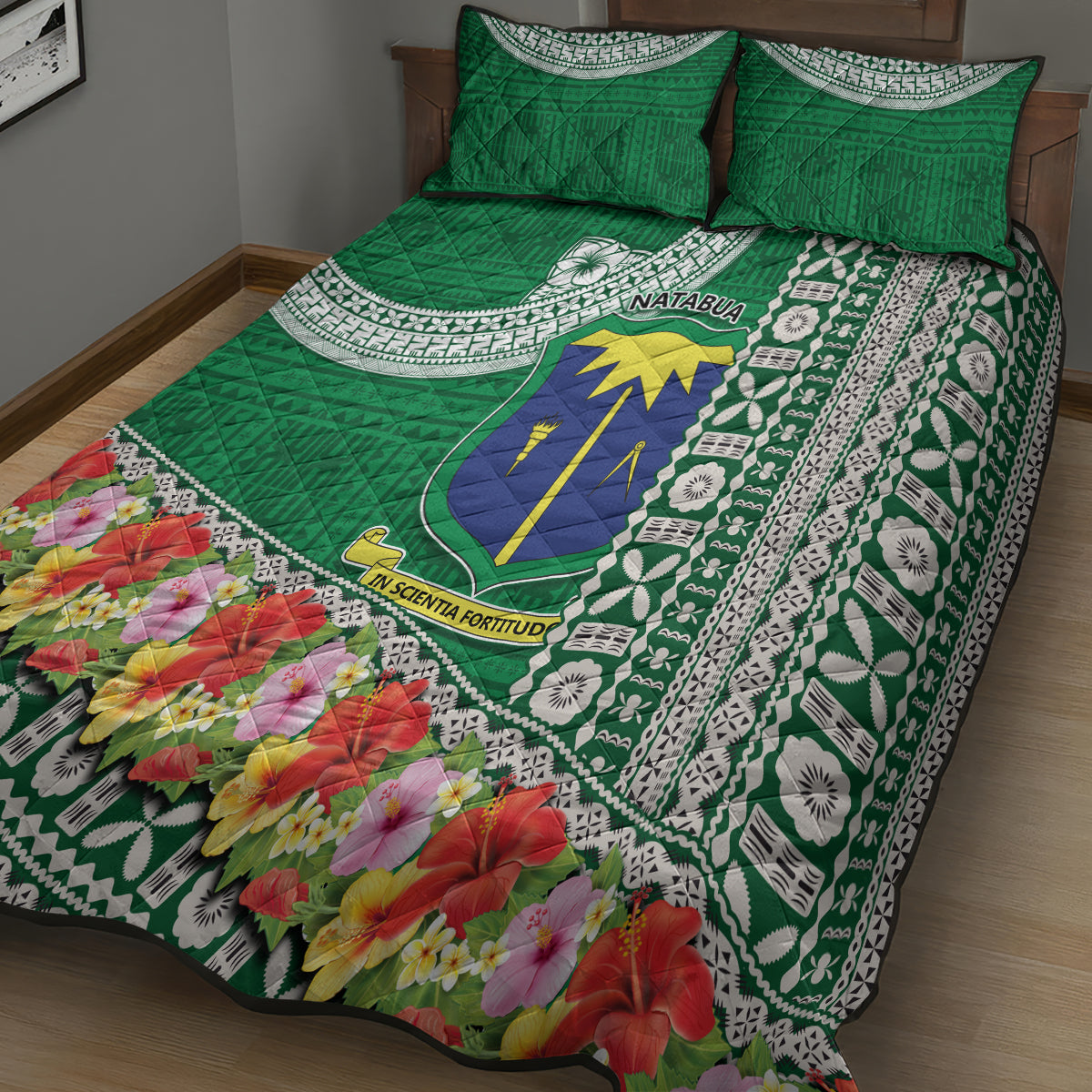 Fiji Natabua High School Quilt Bed Set Tropical Flower and Tapa Pattern Green Style LT03 - Polynesian Pride