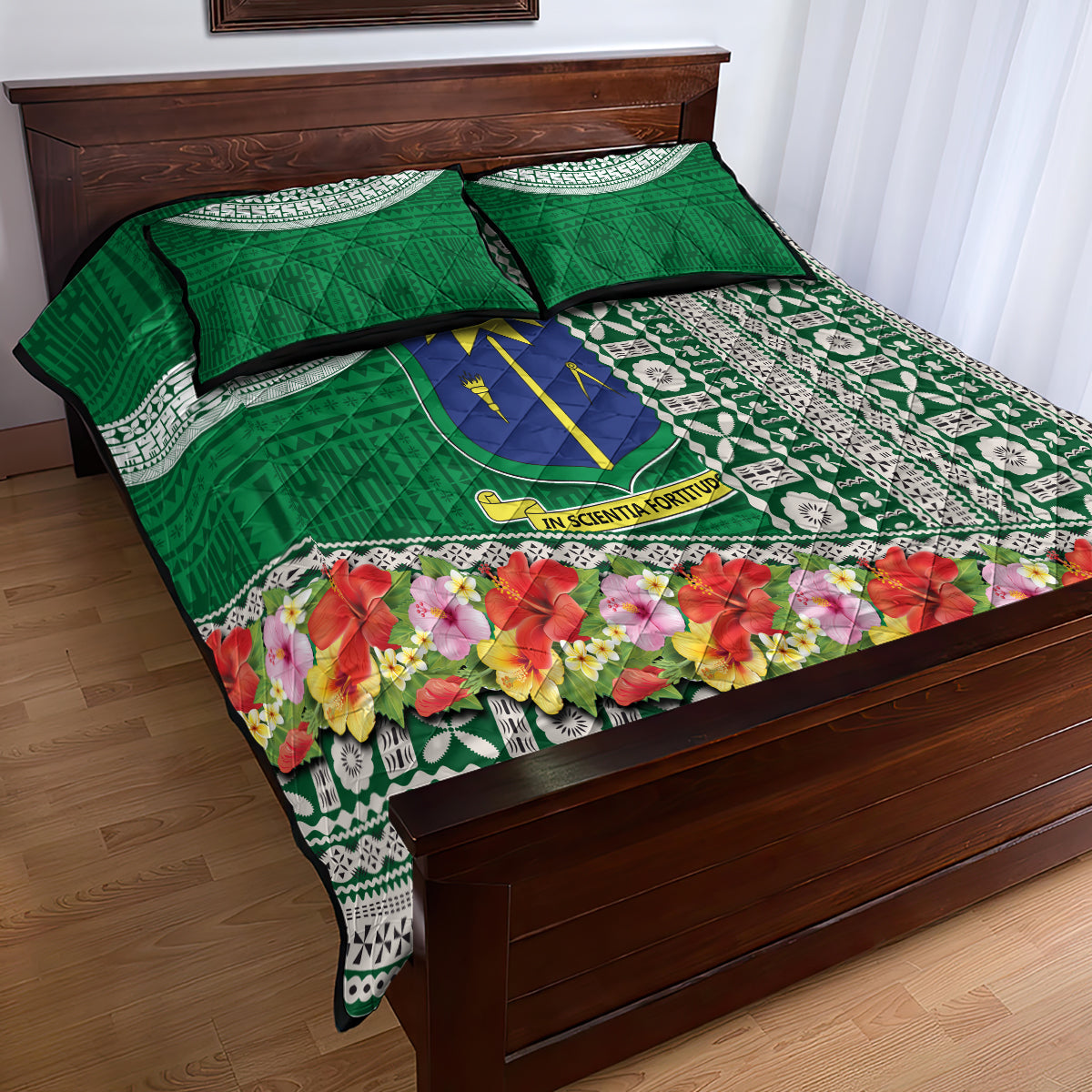 Fiji Natabua High School Quilt Bed Set Tropical Flower and Tapa Pattern Green Style LT03 - Polynesian Pride